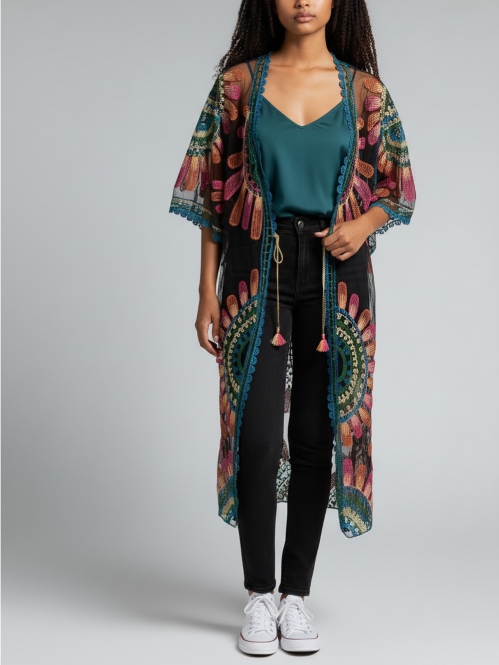 ASHA Black Multicolor Embroidered Sheer Mesh Kimono Duster Boho Swim Cover NWT